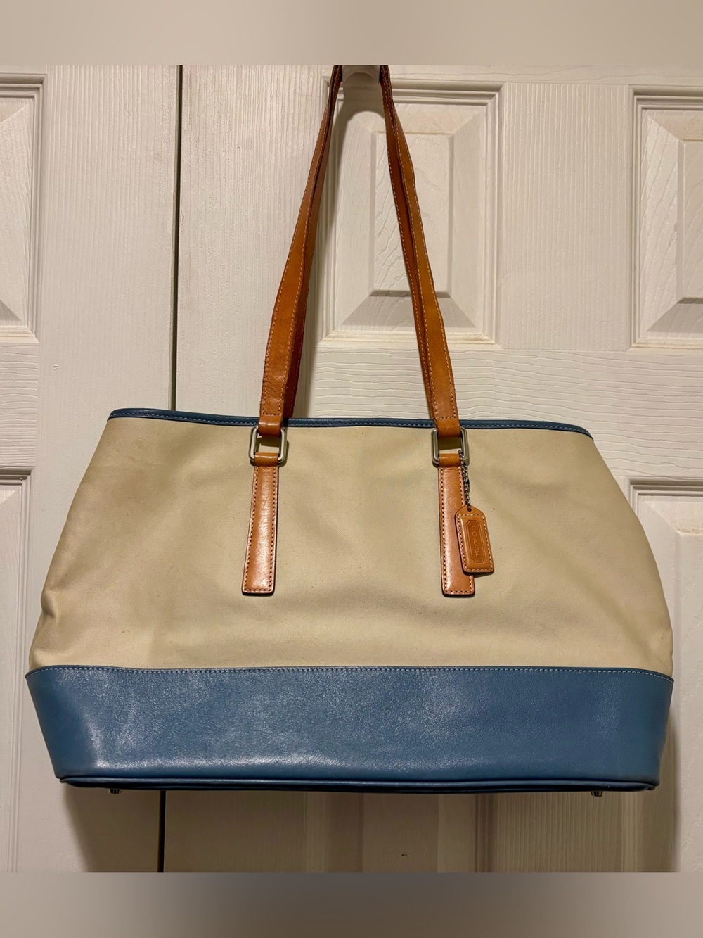 Coach Hampton Vintage Y2K - Cream & Blue Canvas & Leather Tote with Tan Straps